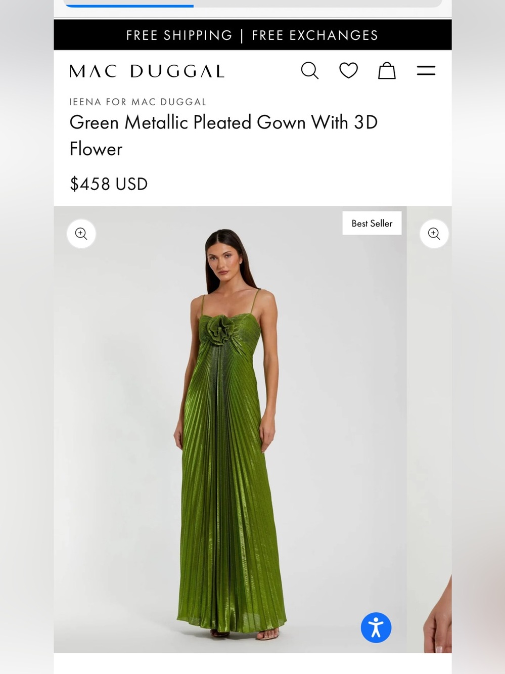 Mac Duggal Gold Metallic Pleated Gown with 3D flower